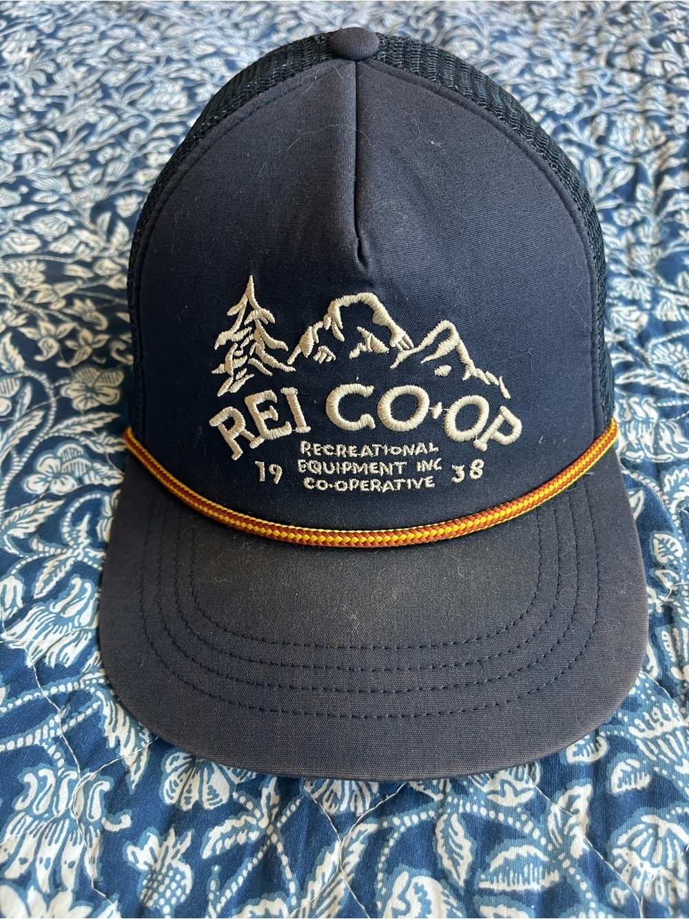 REI Co-op Vintage Navy Trucker Hiking Hat with Embroidered Mountain Logo